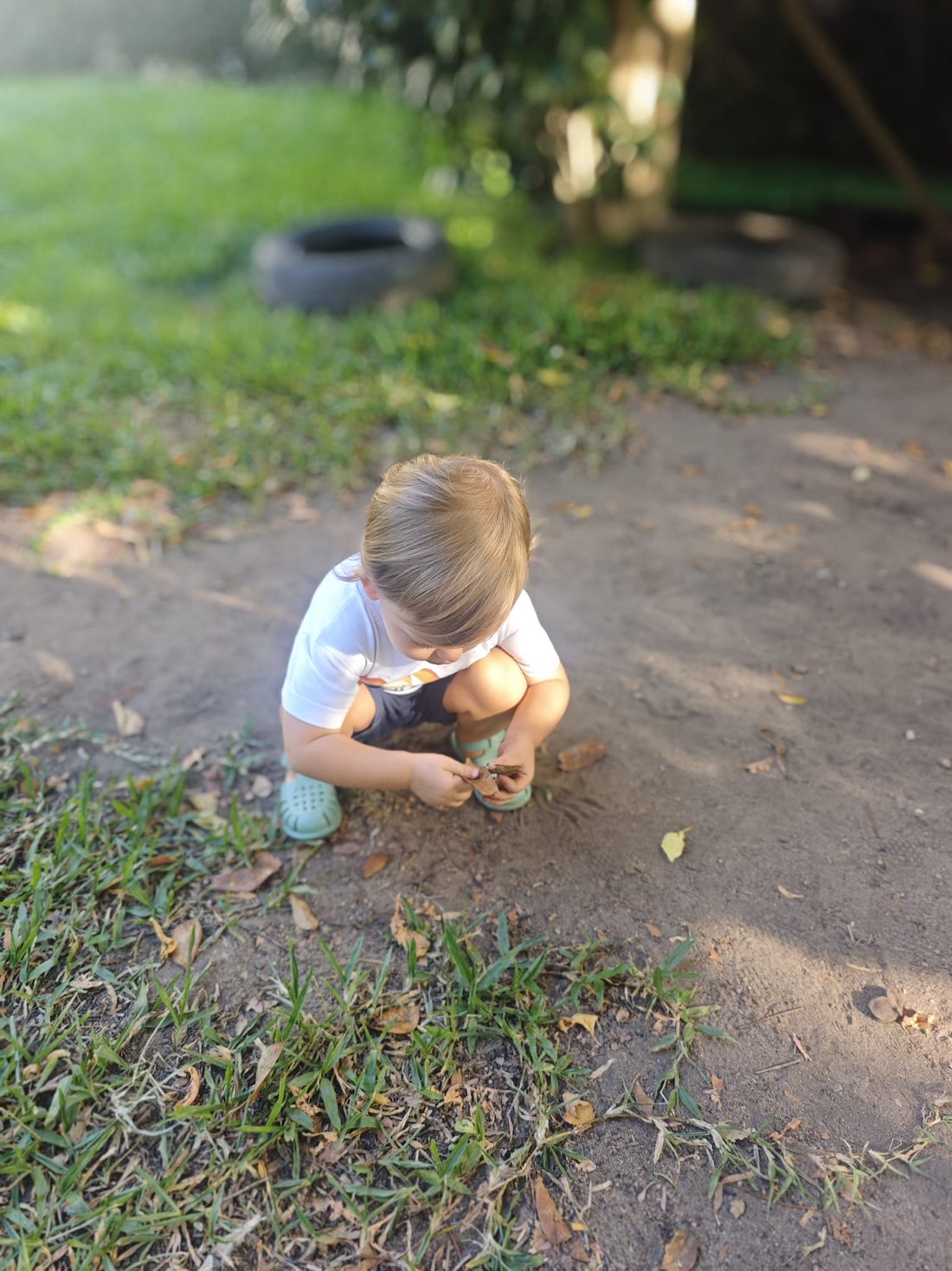 Criança a explorar a terra e as folhas do jardim
